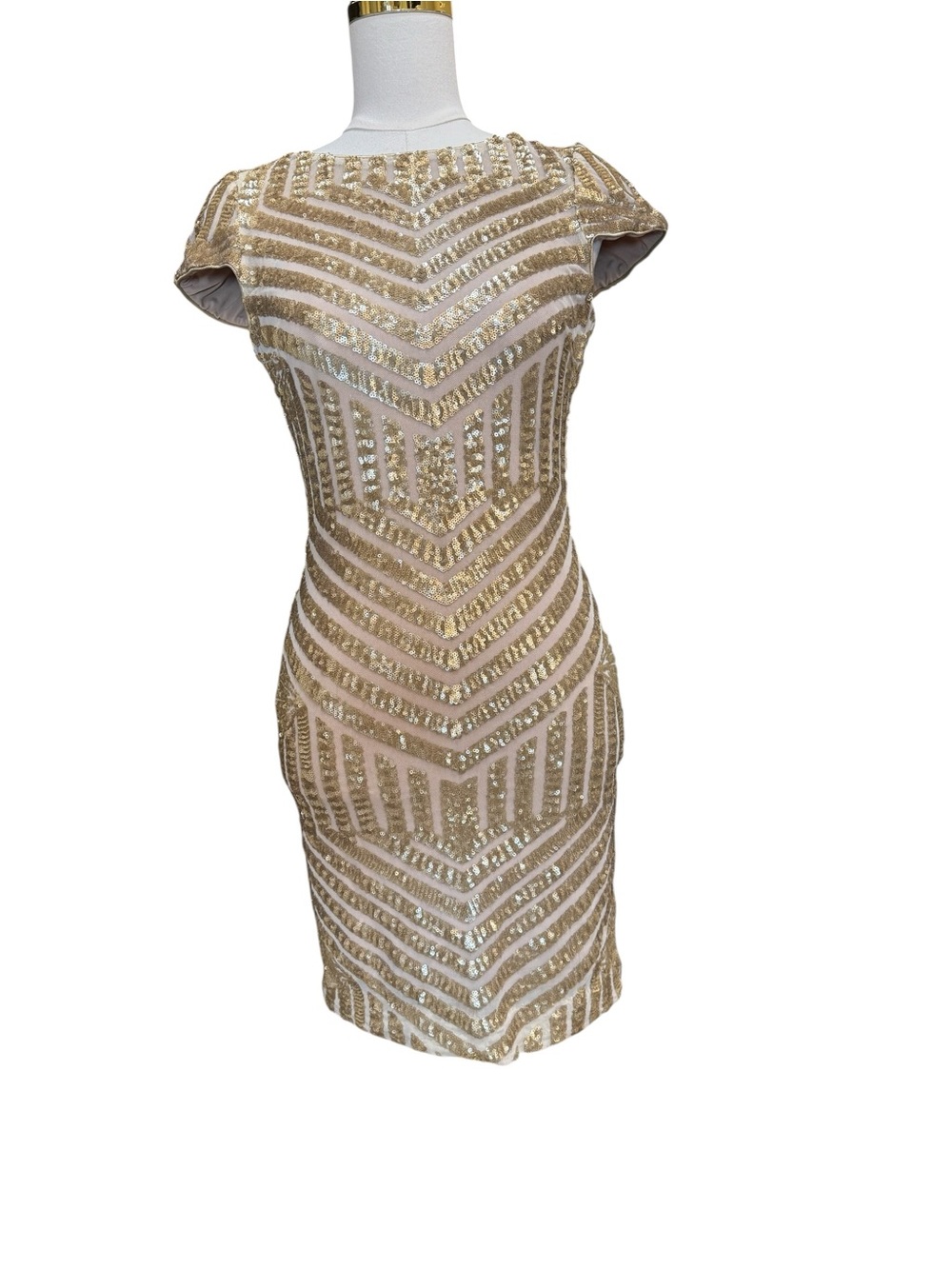 Dress the Population Tabitha Sequin Mini Dress Gold Nude Art Deco Open Back M - Picture 8 of 11